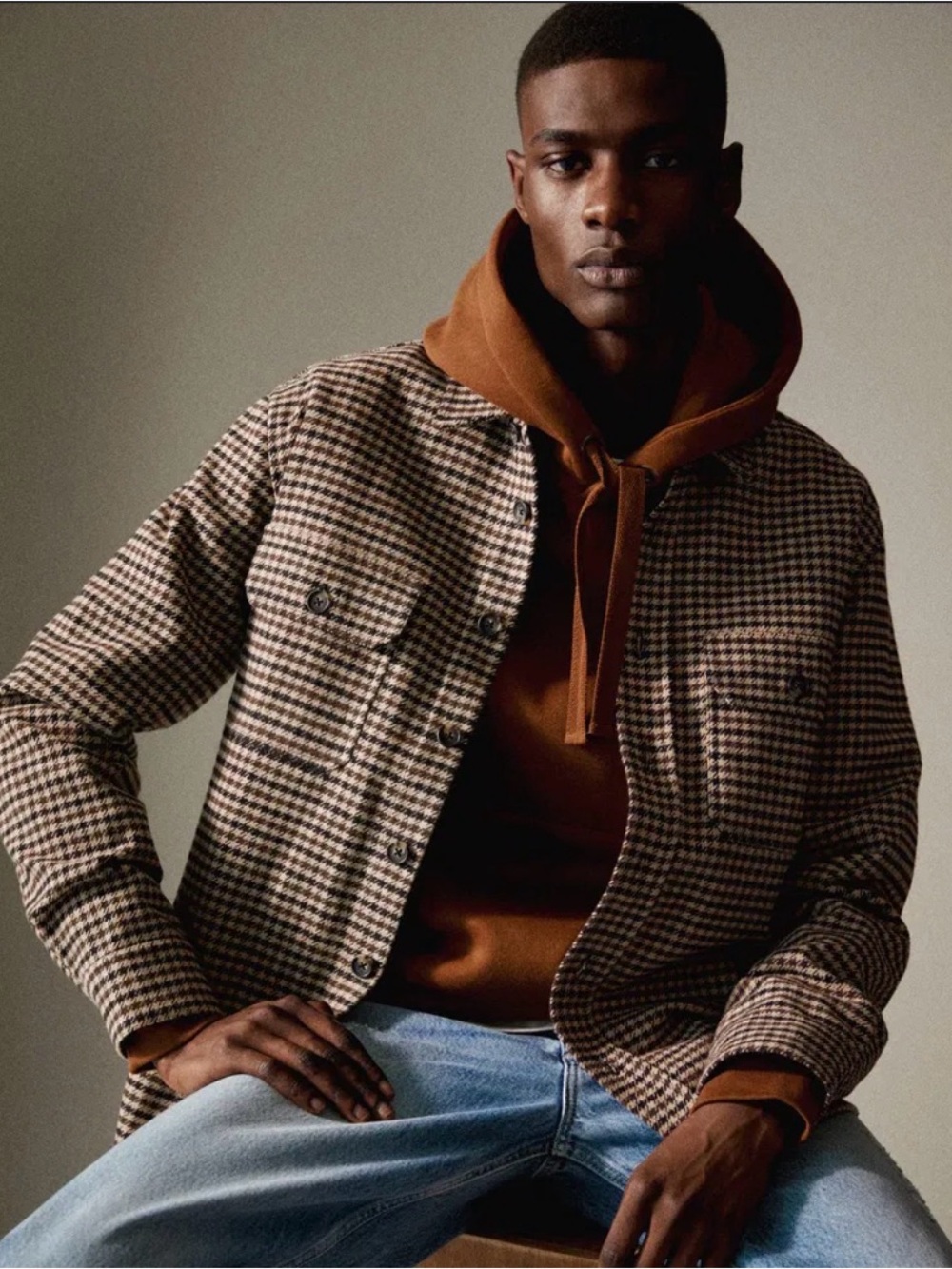 Mango Men's Houndstooth Shirt Jacket - Beige & Black
